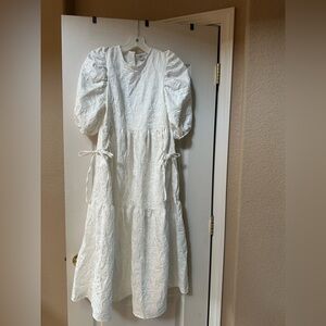 ASOS DESIGN jacquard tiered midi dress with bellow pockets in white